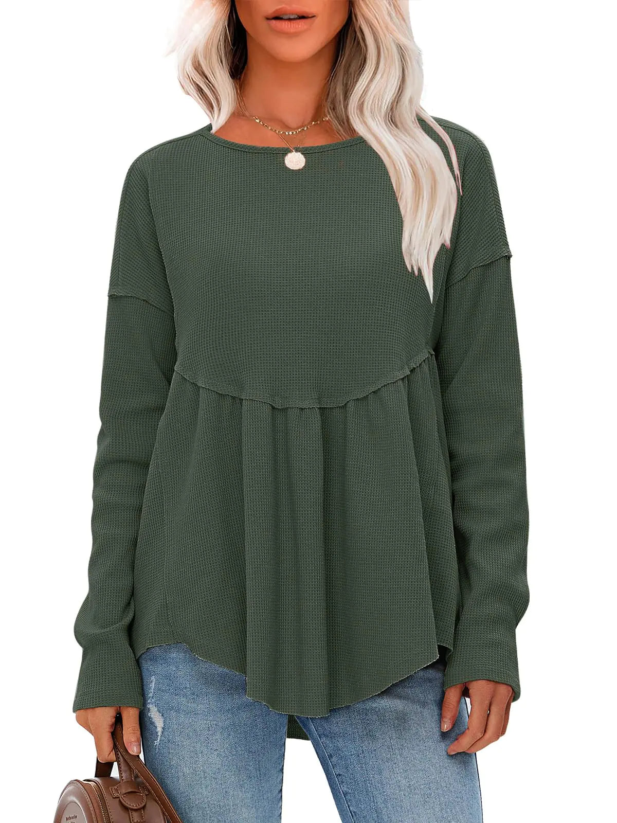 EXLURA Waffle Knit Long Sleeve Shirts For Womens Crewneck Loose Babydoll Tunic Tops Maternity Tops Fall Fashion 2024 Clothes Army Green