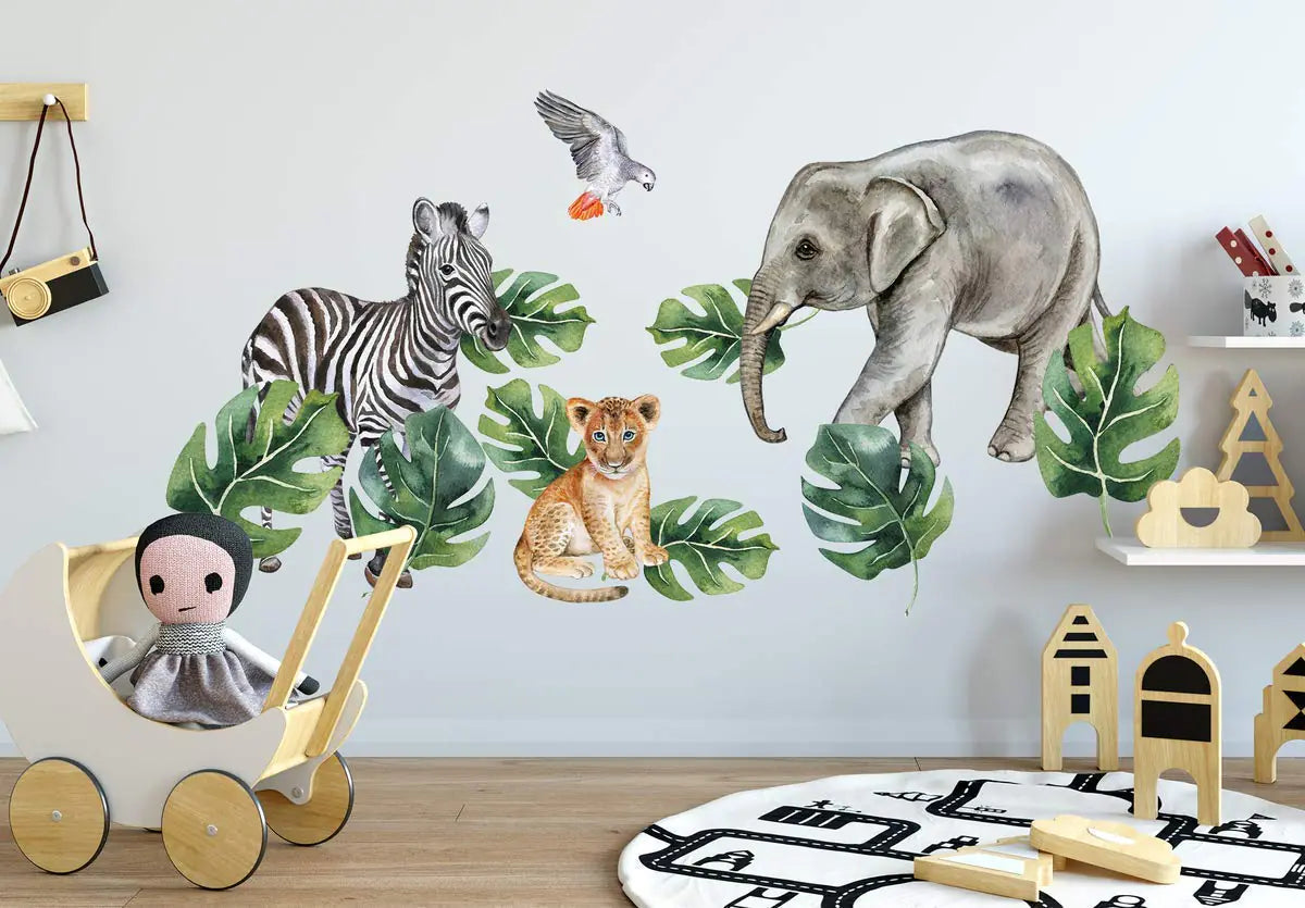 Murwall Kids Wall Decals Nursery Tropical Wall Sticker Safari Animals Decal Exotic Decals Leaf Wall Sticker Kids Room Nursery