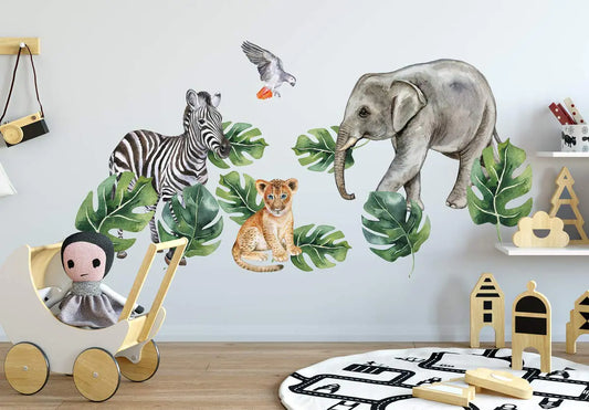 Murwall Kids Wall Decals Nursery Tropical Wall Sticker Safari Animals Decal Exotic Decals Leaf Wall Sticker Kids Room Nursery