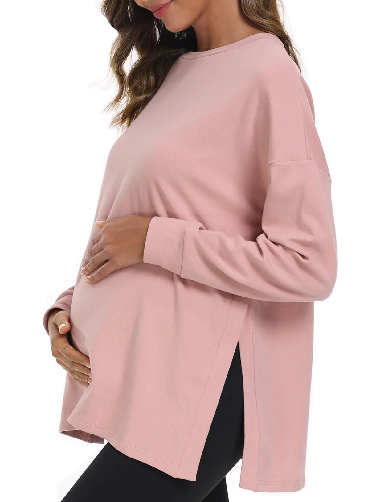 Ecavus Womens Casual Maternity Shirts Long Sleeve Soft and Comfy Pregnancy Tee Tops Side Split Maternity Clothes Dusty Pink