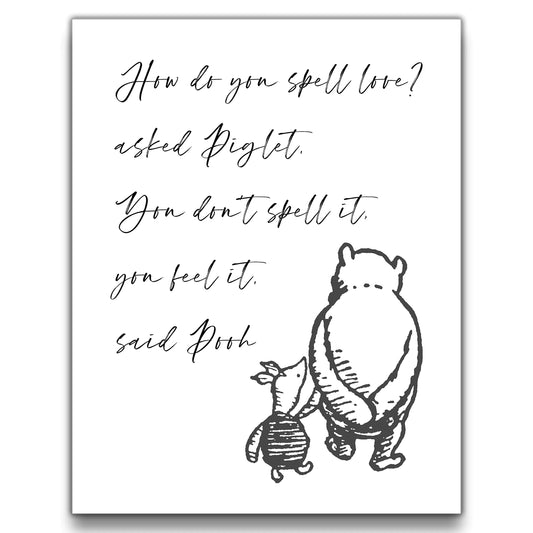 ‘Spell Love?’ Winnie the Pooh Quotes Wall Art | 8x10 UNFRAMED Black and White Minimalist Nursery Print | Pooh and Piglet Modern Home Decor