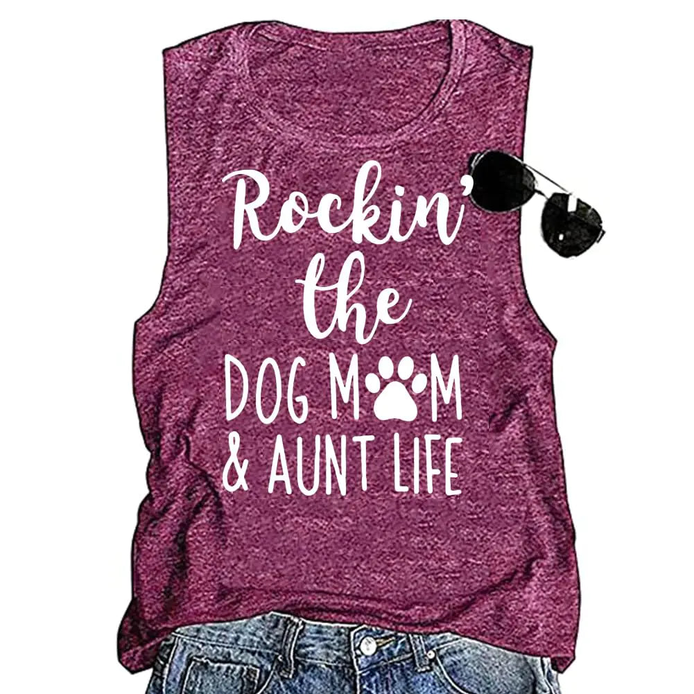 Rockin The Dog Mom Aunt Life Shirts Sleeveless Dog Mama Paw Graphic Tee Summer Cute Tank Top Fuschia L
