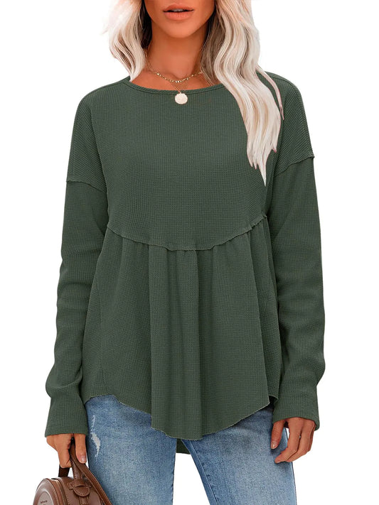 EXLURA Waffle Knit Long Sleeve Shirts For Womens Crewneck Loose Babydoll Tunic Tops Maternity Tops Fall Fashion 2024 Clothes Army Green