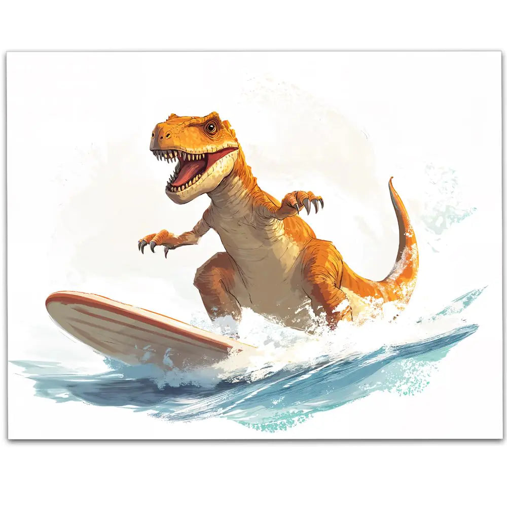 Surfing Dinosaur 11x14 Unframed Poster - T-Rex Surf Art & a Dinosaur on a Surfboard Print Fun Ocean Wave Beach Art Cartoon Coastal Adventure Summer-Themed Nursery Wall Decor and Kids Room Wall Art