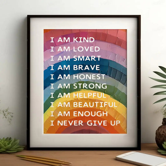 Affirmations for Kids Rainbow Affirmation Inspirational Nursery Decor Nursery Rainbow Art Cute Nursery Art I Am Kind Brave Kids Gift Ideas Playroom Decor (11 X 14 INCH Print Unframed)